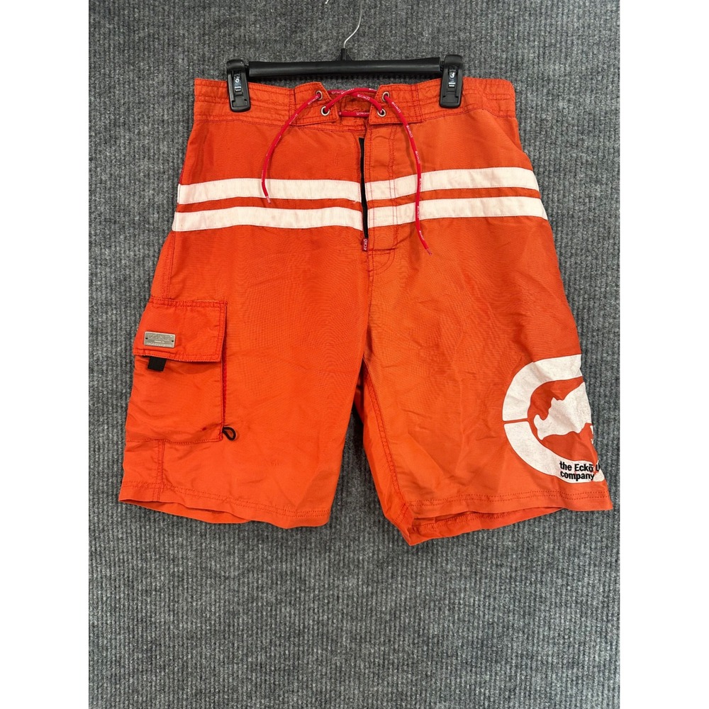 Ecko Unltd Board Shorts Mens 34 Orange Good Y2K Rhino Logo Cargo Swim Trunks